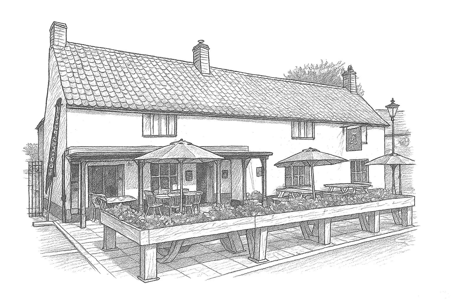 A hand drawn illustration of The Butcher's Hook pub